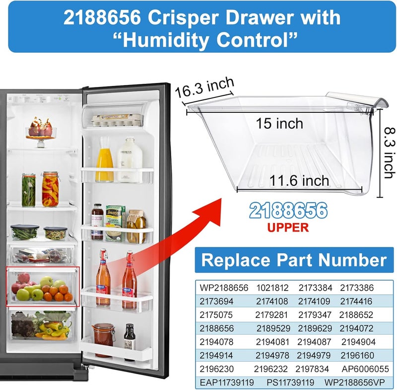 Alvar [2 Pack] Upgraded 2188656 Fridge Crisper Drawer UPPER Humidity Control Drawer & 2188664 Crisper Bin LOWER Refrigerator Drawer Replacement For Kenmore Whirlpool Fridge Drawer Parts WRS325FDAM04 Drawer - Image 3